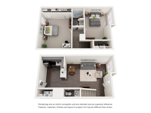 two bedroom floor plans with one bedroom and one bathroom at The Oaklawn Heights Apartments